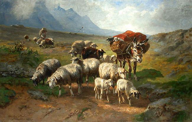 Schafherde mit Esel und Schafer auf einer Hochebene, unknow artist